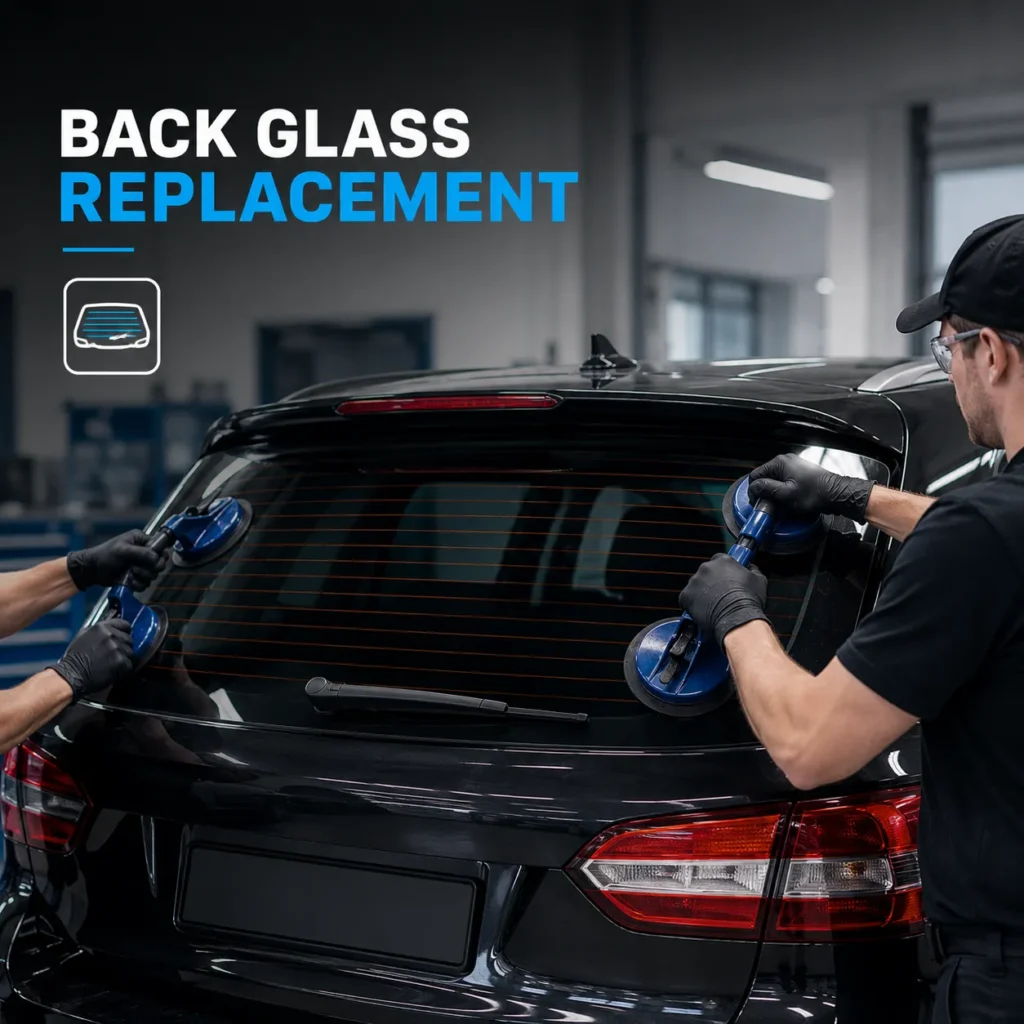 Technician replacing broken rear auto glass