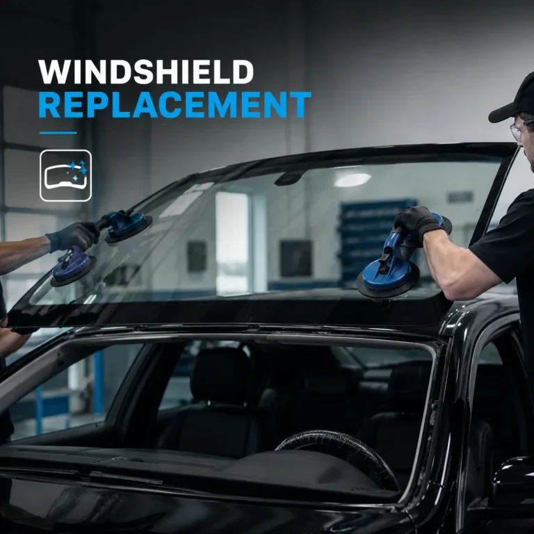 Auto glass technicians installing a new windshield