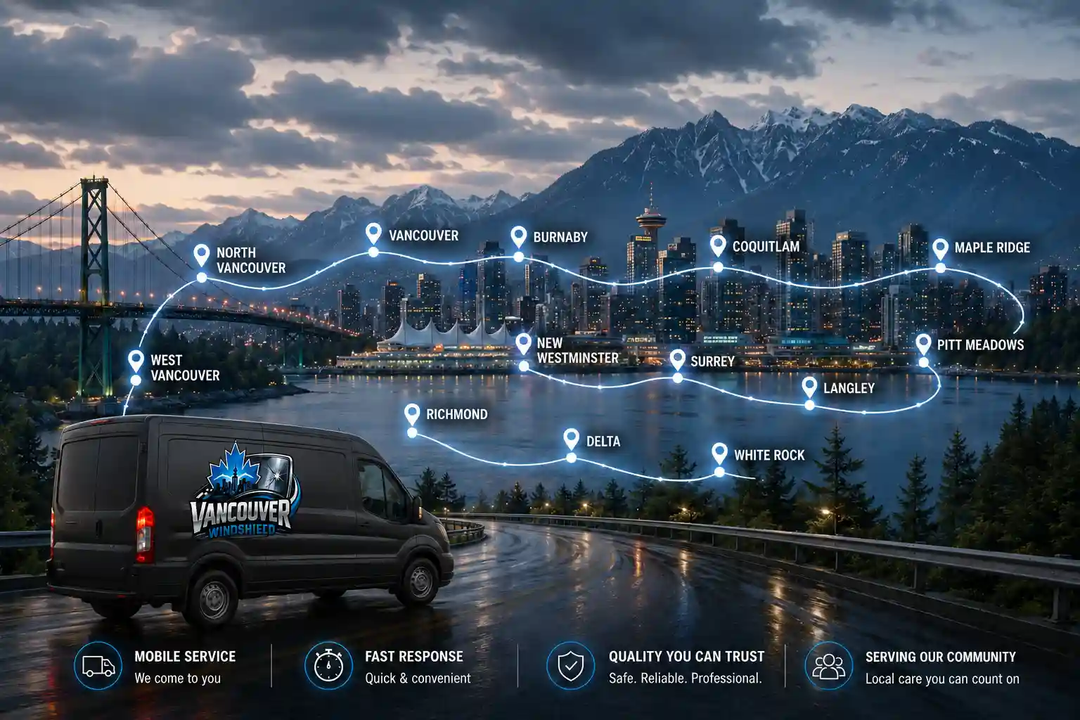 Mobile windshield replacement service van route covering Vancouver, Burnaby, Surrey, Richmond, and surrounding Metro Vancouver areas
