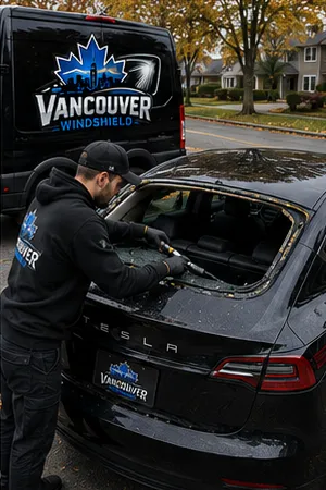 Technician carefully removing damaged rear glass before back glass replacement