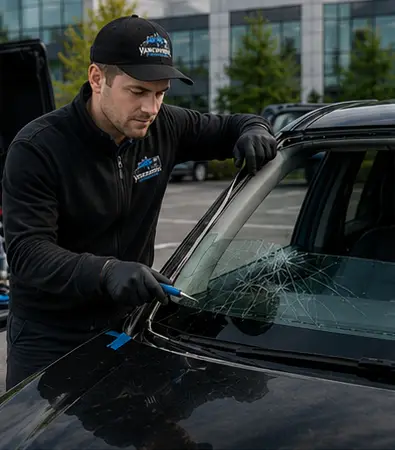 Technician carefully removing a damaged windshield during professional windshield replacement service