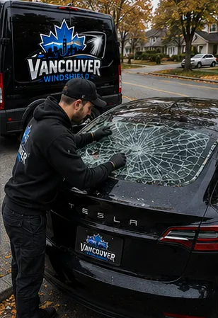 Vancouver Windshield technician assessing damaged rear glass before replacement in Metro Vancouver
