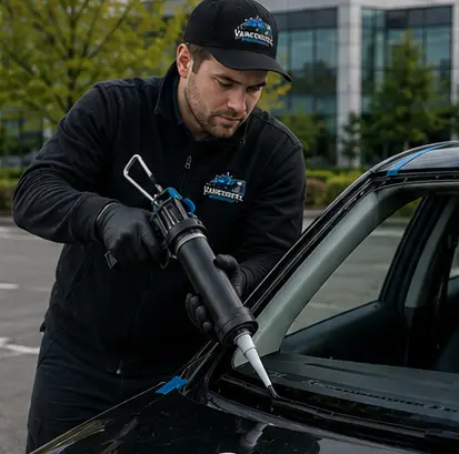 Vancouver Windshield technician applying high-quality adhesive for windshield sealing in Metro Vancouver