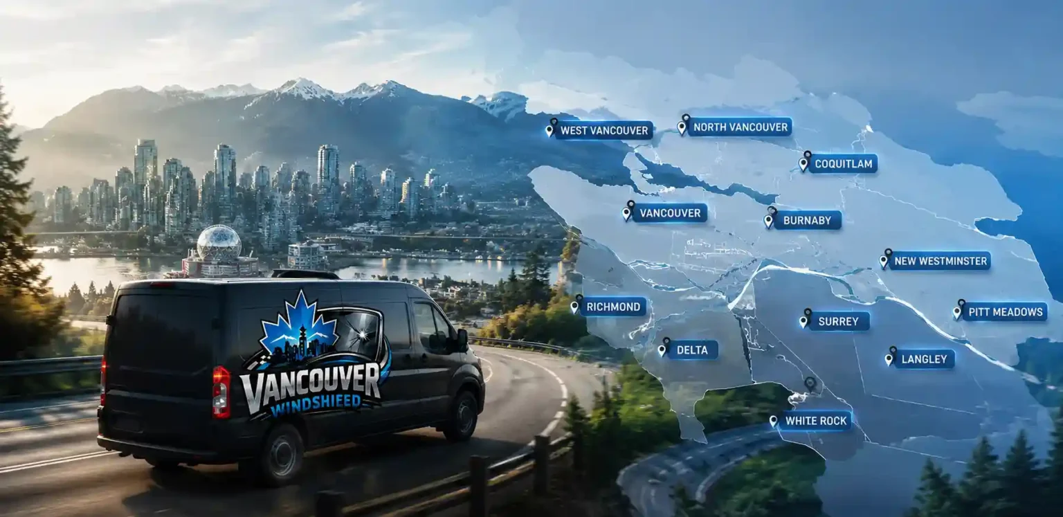 Mobile auto glass repair service area map covering Metro Vancouver