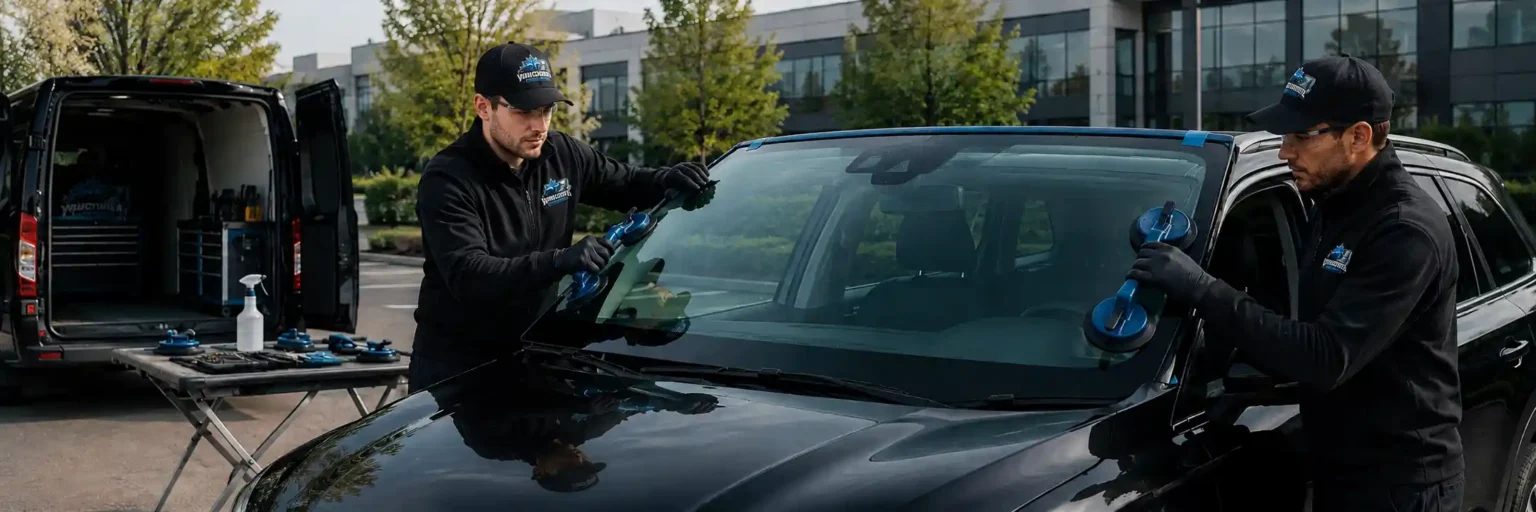 Mobile windshield replacement service at customer location in Metro Vancouver by professional auto glass technicians