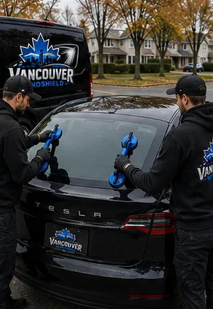 Vancouver Windshield technician installing new rear glass with precision in Metro Vancouver