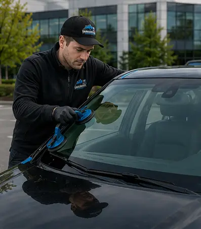 Auto glass technician performing precision windshield installation during a professional windshield replacement service