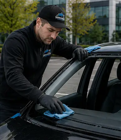 Auto glass technician cleaning and preparing the windshield frame for professional windshield installation