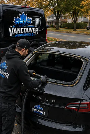 Rear auto glass surface preparation before professional rear window replacement service