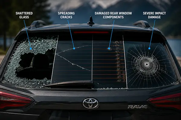Rear window replacement indicators including shattered rear glass, spreading cracks, and severe impact damage