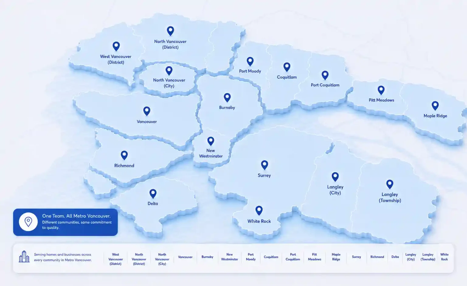 Map of Metro Vancouver service areas for mobile windshield repair and auto glass services by Vancouver Windshield