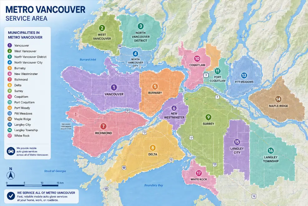 Mobile auto glass service area map covering Vancouver, Burnaby, Surrey, Richmond, Coquitlam, North Vancouver and surrounding Metro Vancouver cities